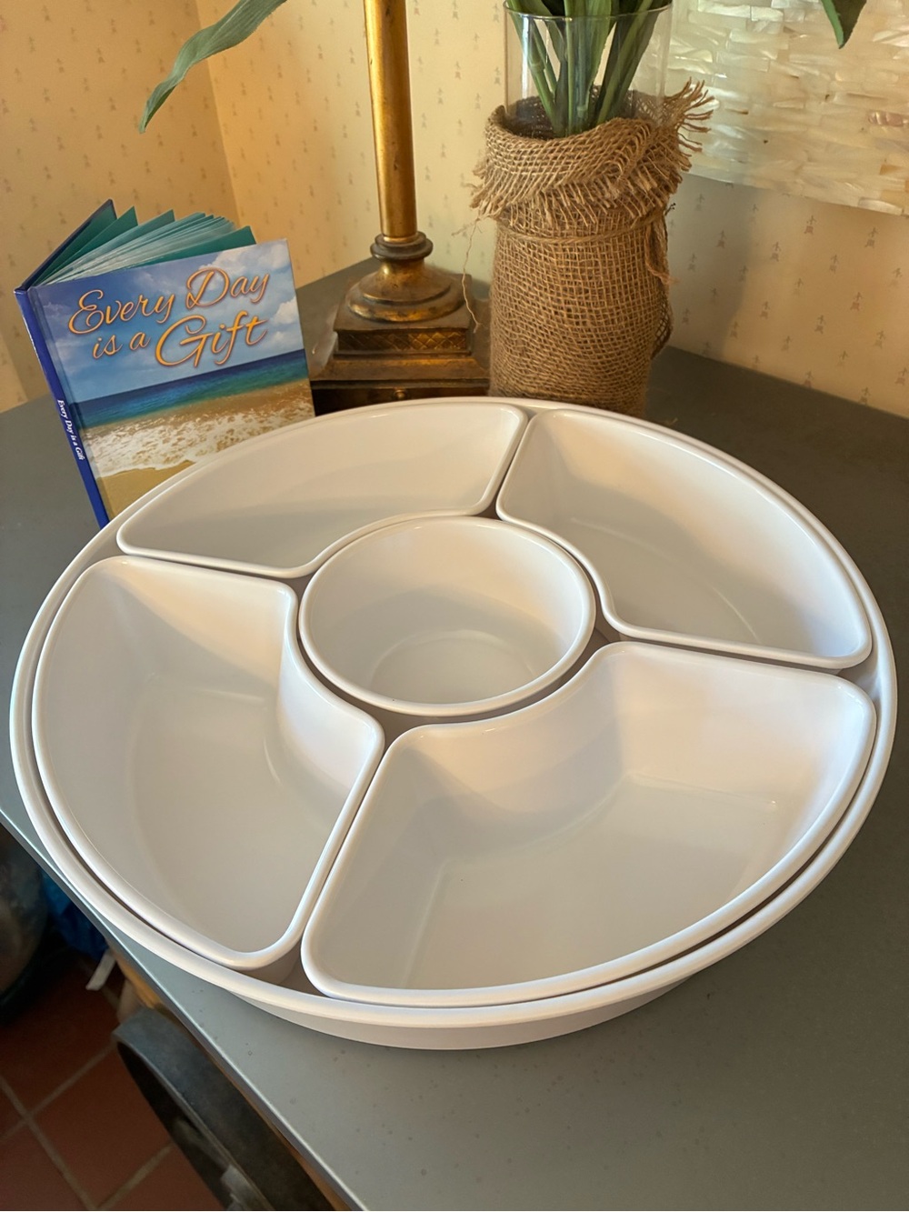 Threshold, Chip and Dip 5 section melamine round tray. Top dishwasher safe.